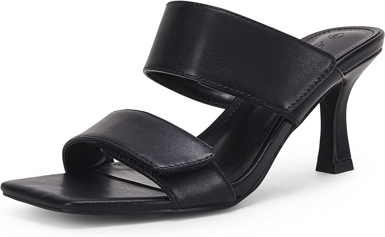 Ermonn Womens Two Strap Heeled Sandals Velcro Slip On Square Open Toe Stiletto Faux Leather Backless | Amazon (US)