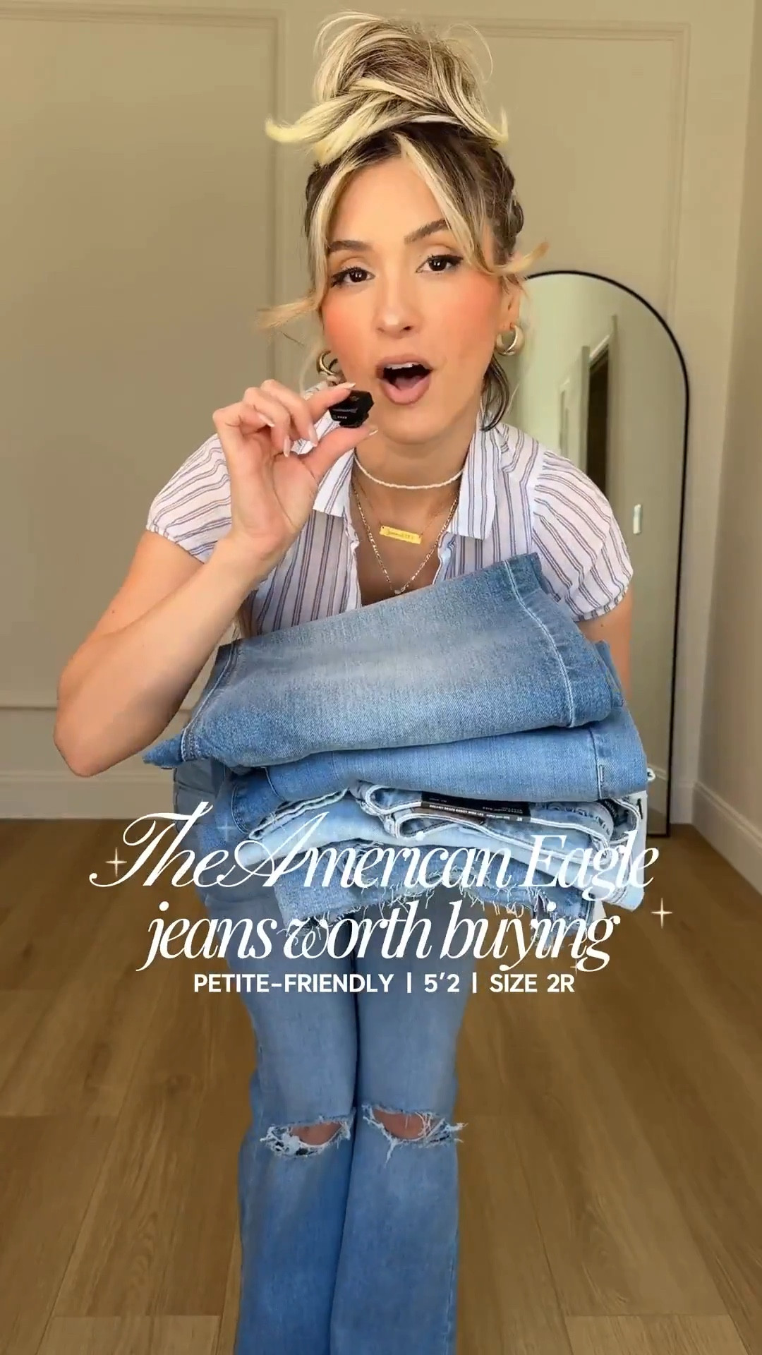 The jeans I keep reaching for ✨
@American Eagle Outfitters just gets the fit RIGHT every time. 😚🤌🏼

Jeans in order of appearance: 
1. Super high waisted flare jean
2. AE Strigid Curvy Super High-Waisted
Baggy Straight Jean
3. AE Dreamy Drape Stretch Super High-Waisted Baggy Wide-Leg Jean
4. Dreamy drape super stretch high waisted baggy wide leg jean in salty air
5. AE Dreamy Drape Stretch Curvy Super High-Waisted Baggy Wide-Leg Jean in Classic vintage destroy

#LTKgrwm #LTKootd #LTKPetite