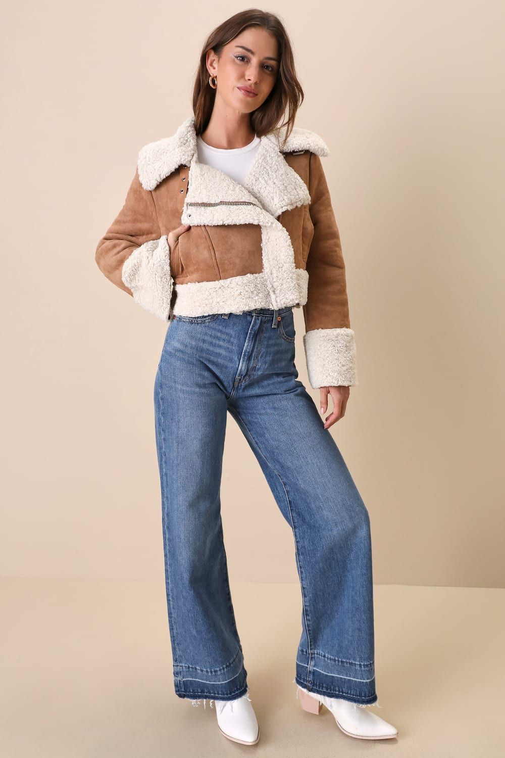 Coziest Trend Tan Faux Suede Shearling Cropped Moto Jacket | Lulus (US)