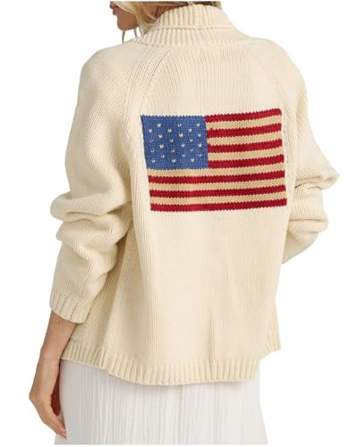 Women's American Flag Cardigan Long Sleeve Shawl Collar Button Down Fall Chunky Knit Varsity Sweater Beige | Amazon (US)