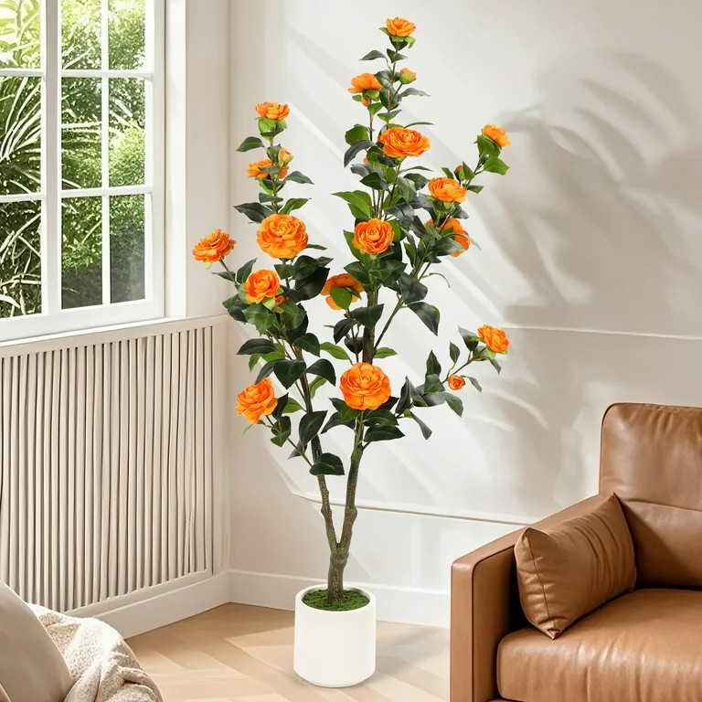 Vipuse 4FT Artificial Orange Camellia Tree with White Pot,Faux Floral Blooming Plant  for Indoor ... | Walmart (US)