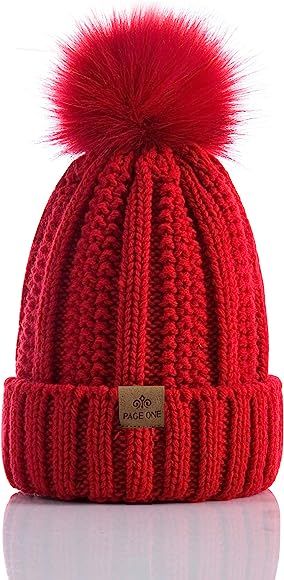 PAGE ONE Womens Winter Thick Cable Knit Beanie Faux Fur Pom Hat Fleece Lined Skull Cap | Amazon (US)