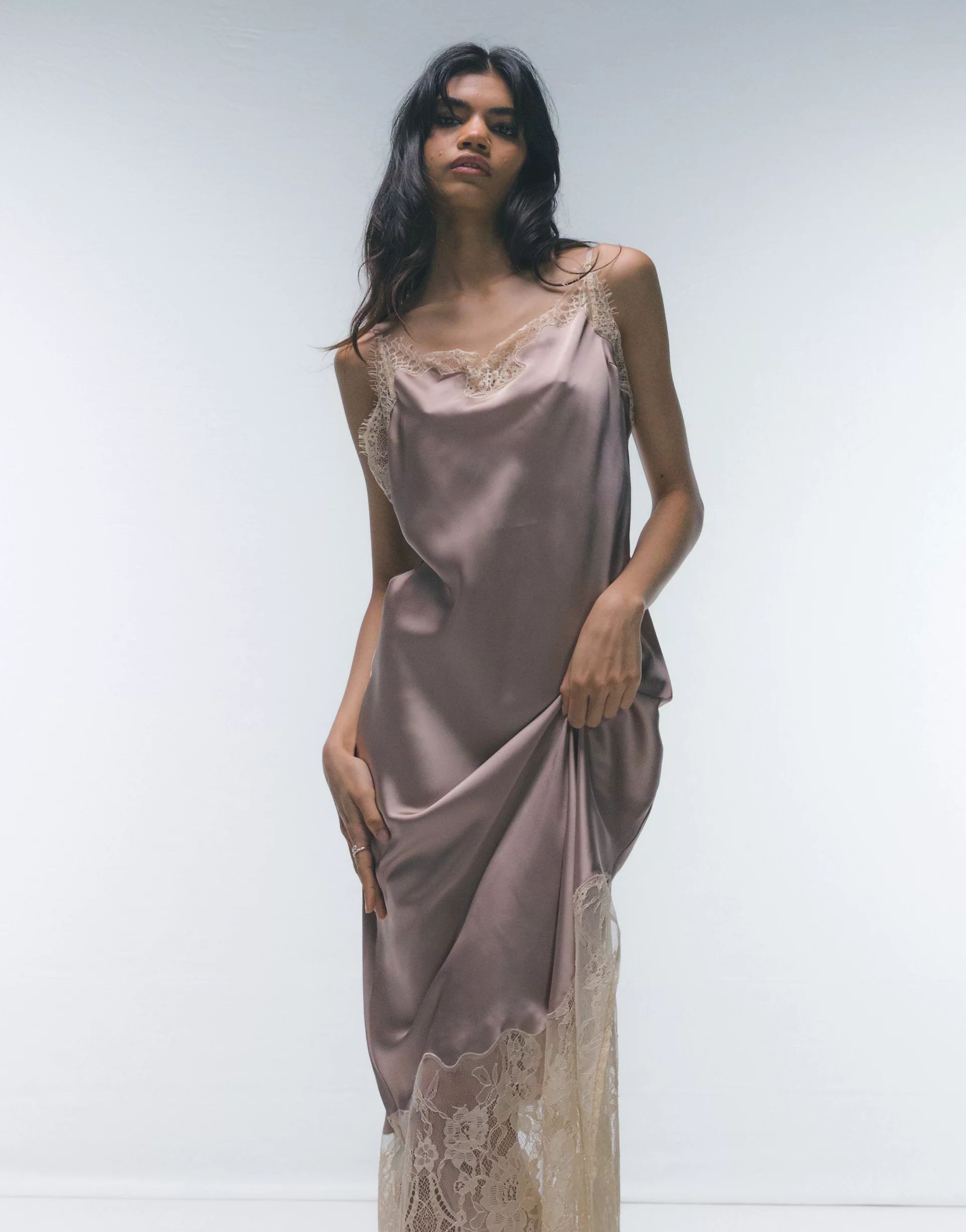 Topshop contrast lace midi slip dress in dusty pink | ASOS | ASOS (Global)