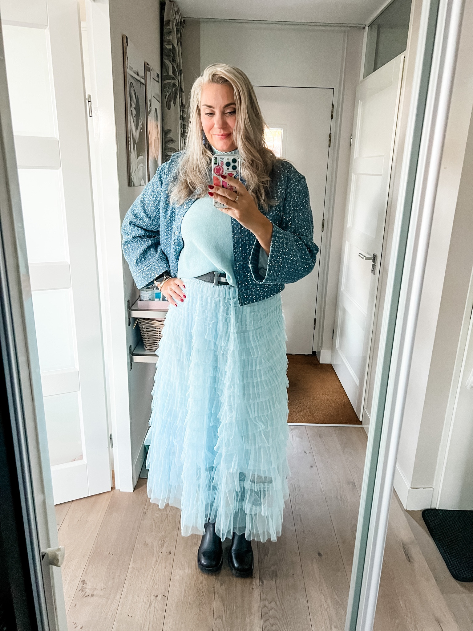 Ootd - Tuesday. An ice blue sweater and tule skirt (both from a local boutique), black belt and biker boots (last year’s van Haren) and a sparkly denim jacket. 

#LTKeurope #LTKautumn #LTKstyletip