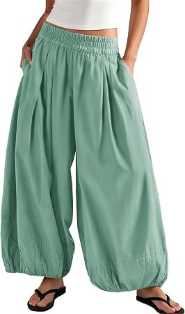 ReachMe Women's Elastic High Waist Wide Leg Balloon Pants | Soft Medium Weight Fabric, Casual Bar... | Amazon (US)