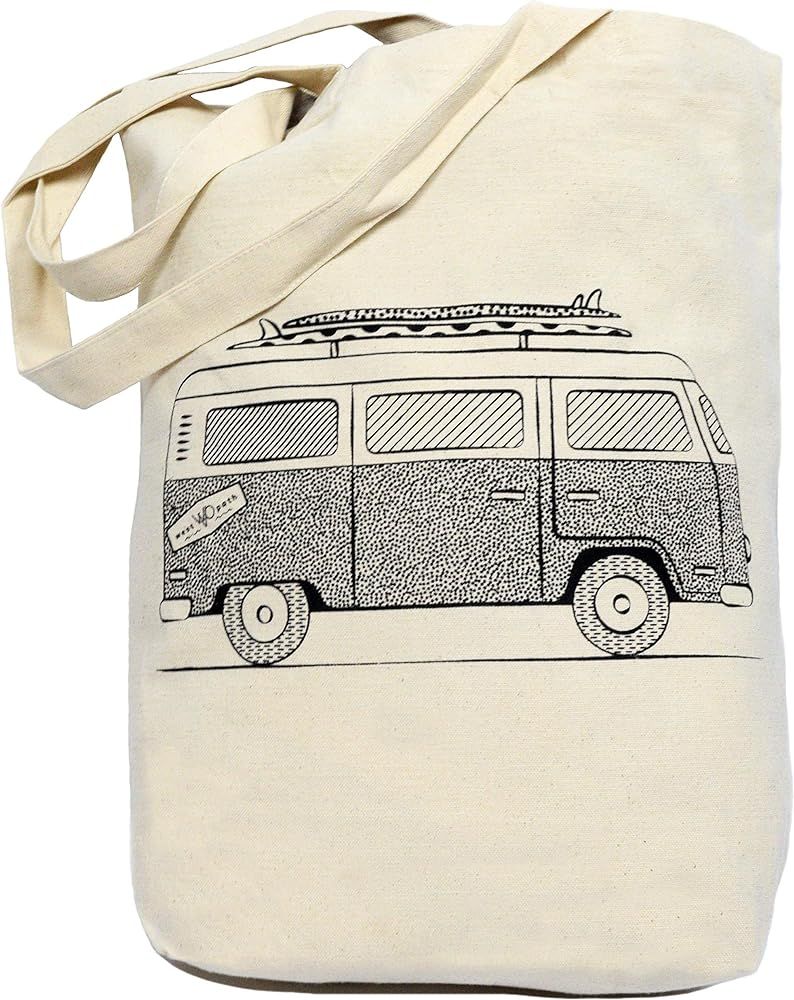Amazon.com: Organic Tote Bag - 100% Cotton Canvas Beach Bag - VW Bus Shaka Hang Loose - Eco Fair ... | Amazon (US)