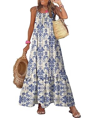 Dokotoo Women Summer Dresses 2025 Spaghetti Strap Scoop Neck Smocked Ruffle Flowy Boho Maxi Dress | Amazon (US)