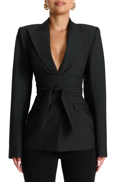 Naked Wardrobe Power Shoulder Tie Waist Blazer in Black at Nordstrom, Size Small | Nordstrom