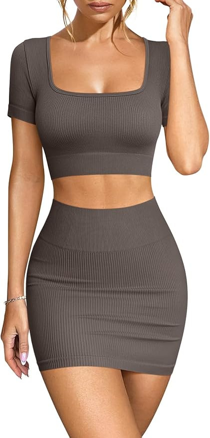 OQQ Women's 2 Piece Outfits Short Sleeve Tops and Mini Skirts Club Suit Sets | Amazon (US)