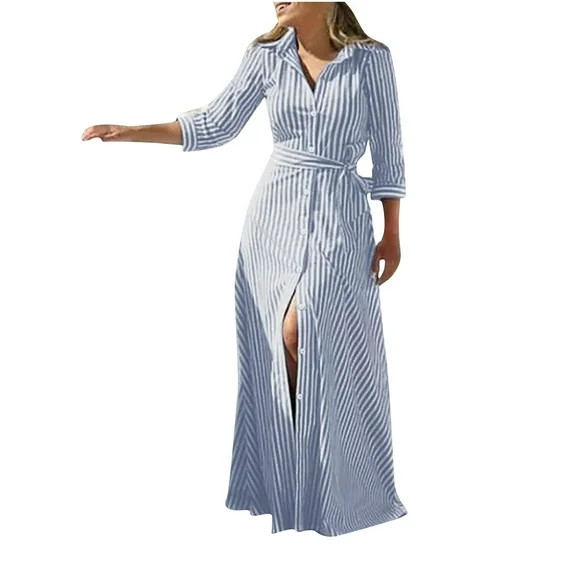Mrat Women's Button Shirt Maxi Dress Stripe Long Sleeve Casual Dresses Loose Long Blouse Maxi Dre... | Walmart (US)