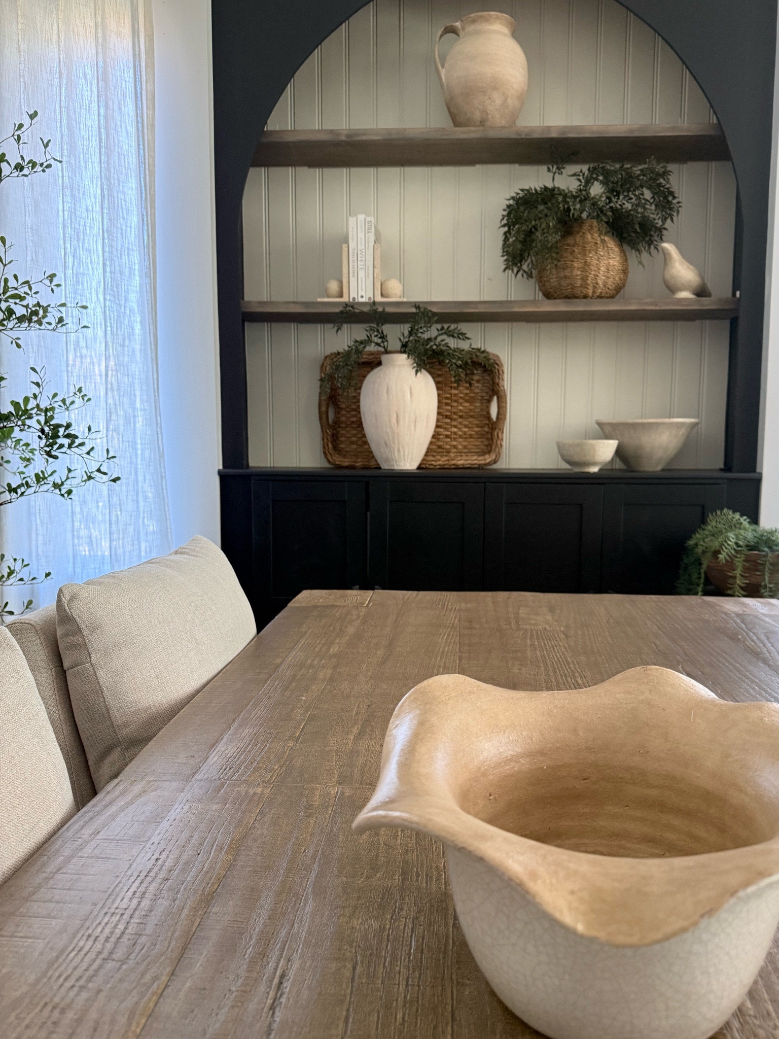 Calm neutrals and organic texture…my go tos for shelf styling ✨