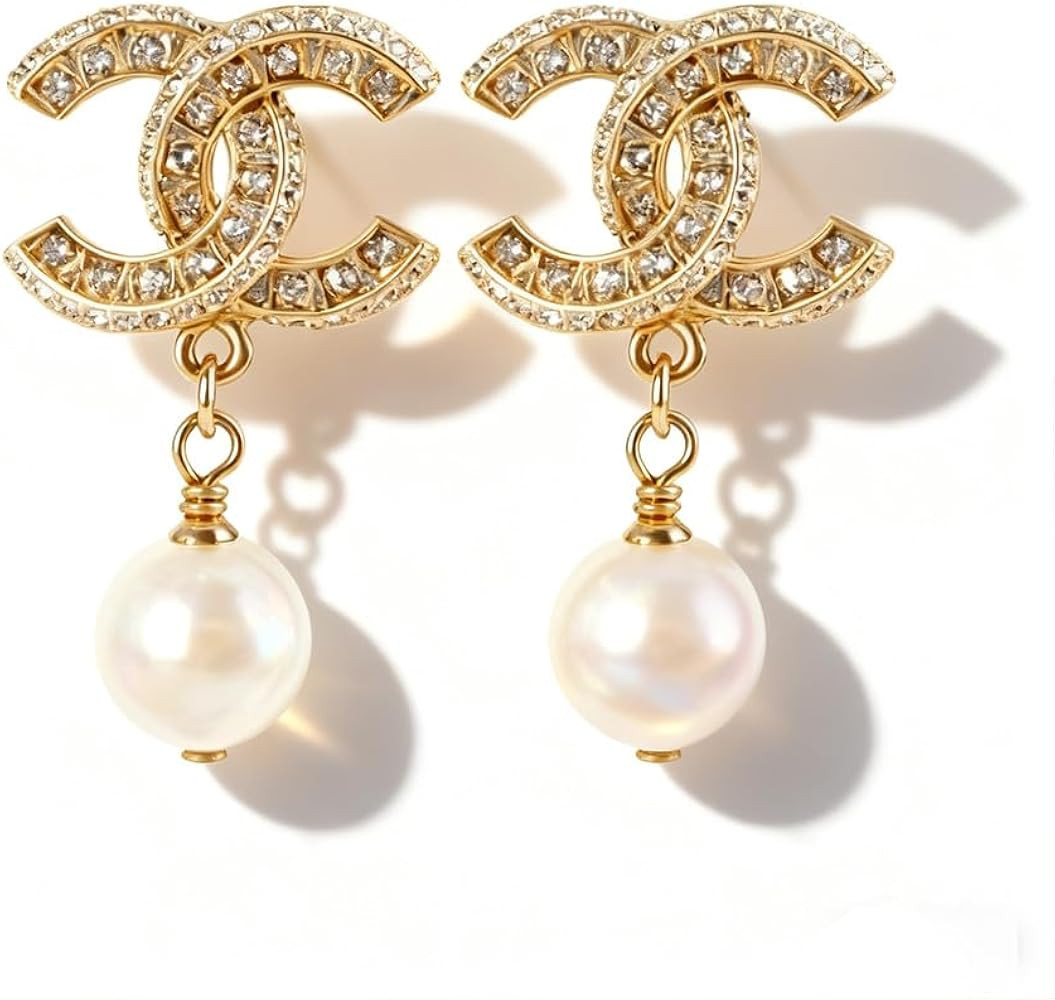 Designer Crystal Pearl Drop Earrings, Gold-Tone letter design, Rhinestone Studded Luxury Dangle S... | Amazon (US)