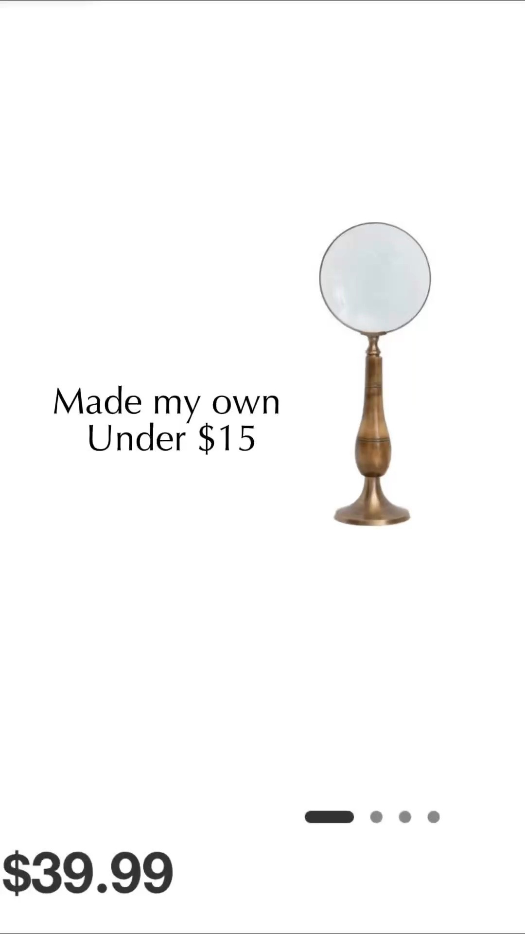 The $40 standing magnifying glass at Target gave me an idea… 🔍

I found a magnifying glass at Michaels on sale for $11.99, spray-painted a piece of wood for the base, and we attached the two with a screw!

The trick is finding one with a wood handle so you can attach it to the base. Such a simple DIY, and it has that collected, vintage look I love.

I’m using mine for Halloween decor, but I think it’s too cool to pack away afterward! Linking the magnifying glass I used below and a couple others if you prefer no DIY lol

Got my wood block at Hobby Lobby🖤

#LTKSaleAlert #LTKHome
