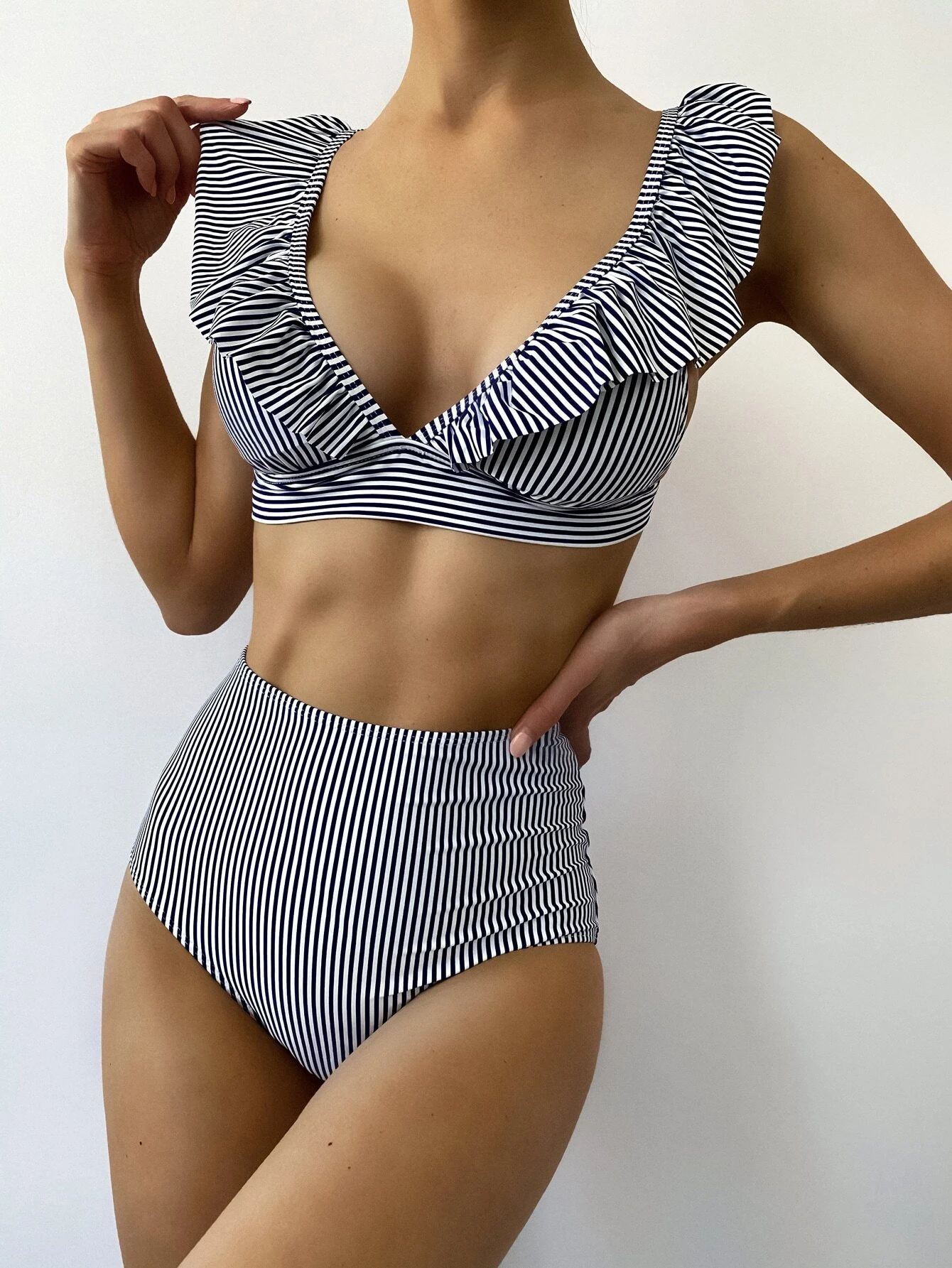Striped Ruffle Trim Bikini Swimsuit | SHEIN