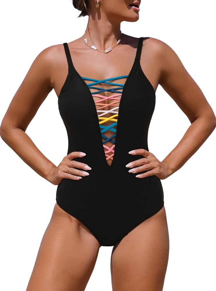 popvil Sexy One Piece Swimsuit for Women Plunge Deep V Neck Bathing Suit | Amazon (US)