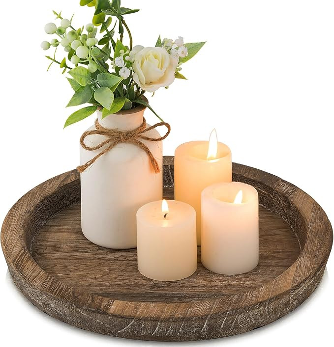 Hanobe Candle Plate Holder Tray: Round Wood Decorative Candle Plate Decor Farmhouse Table Centerp... | Amazon (US)