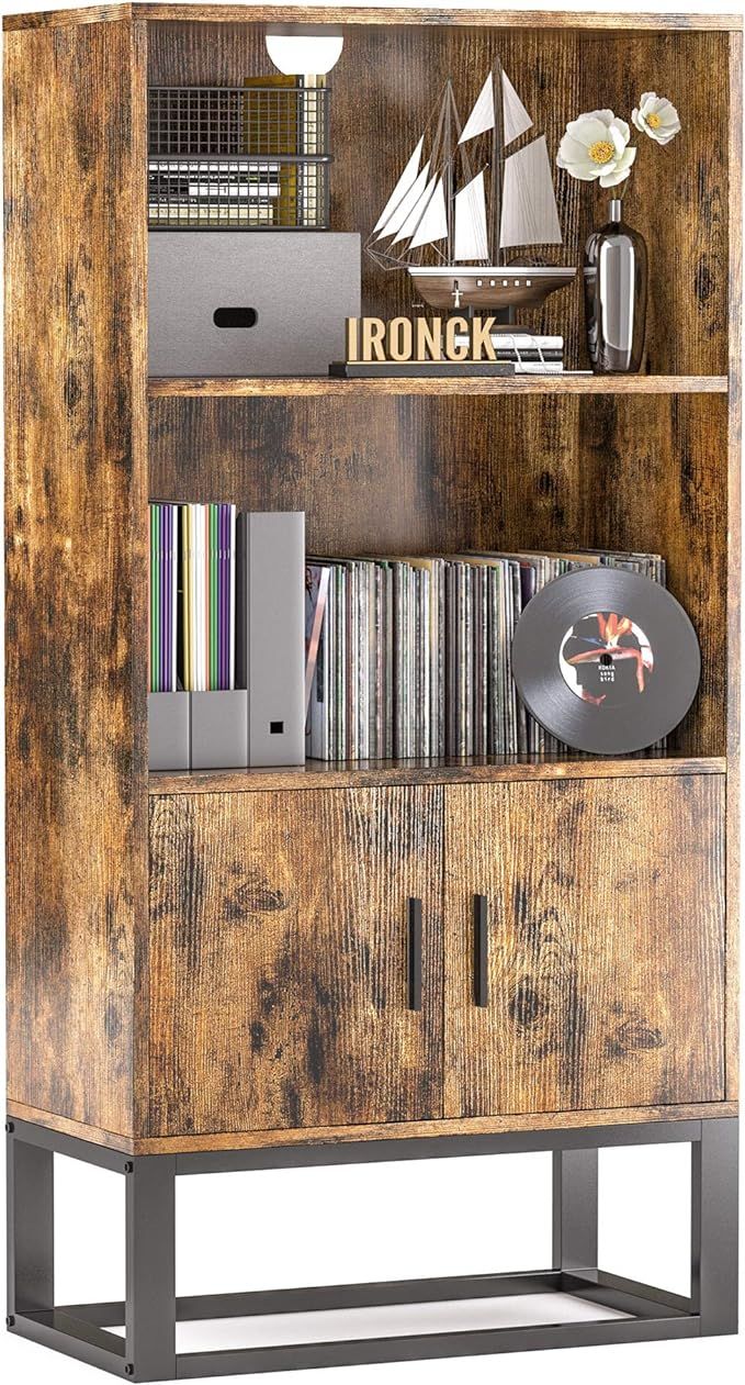 IRONCK Industrial Bookcase with Doors, Small Wood Bookcases and Bookshelves 3 Tier, Free Standing... | Amazon (US)