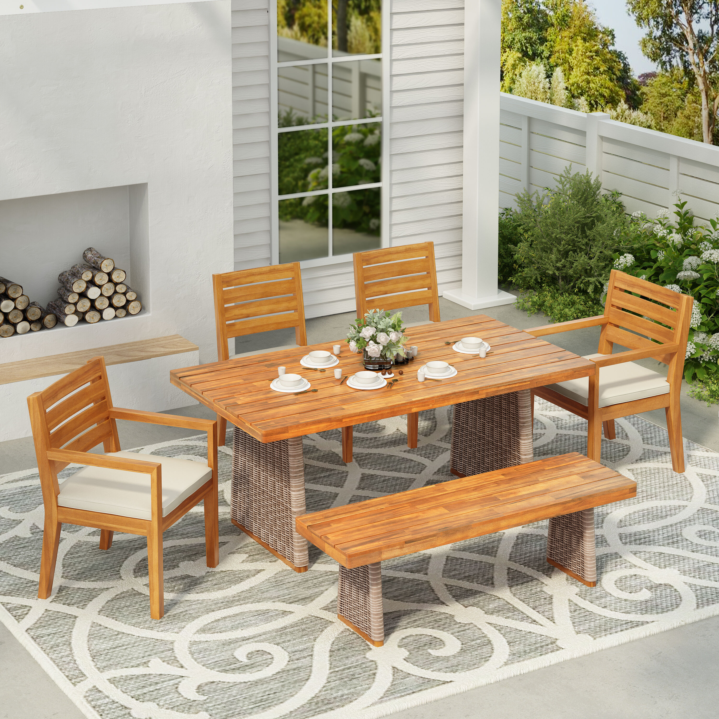 Christopher Knight Home Outdoor Transitional Acacia Wood 6 Pieces Dining Set with Bench Woven Rattan Table Legs Two Armless Chairs Two Armrest Chairs | Lowe's