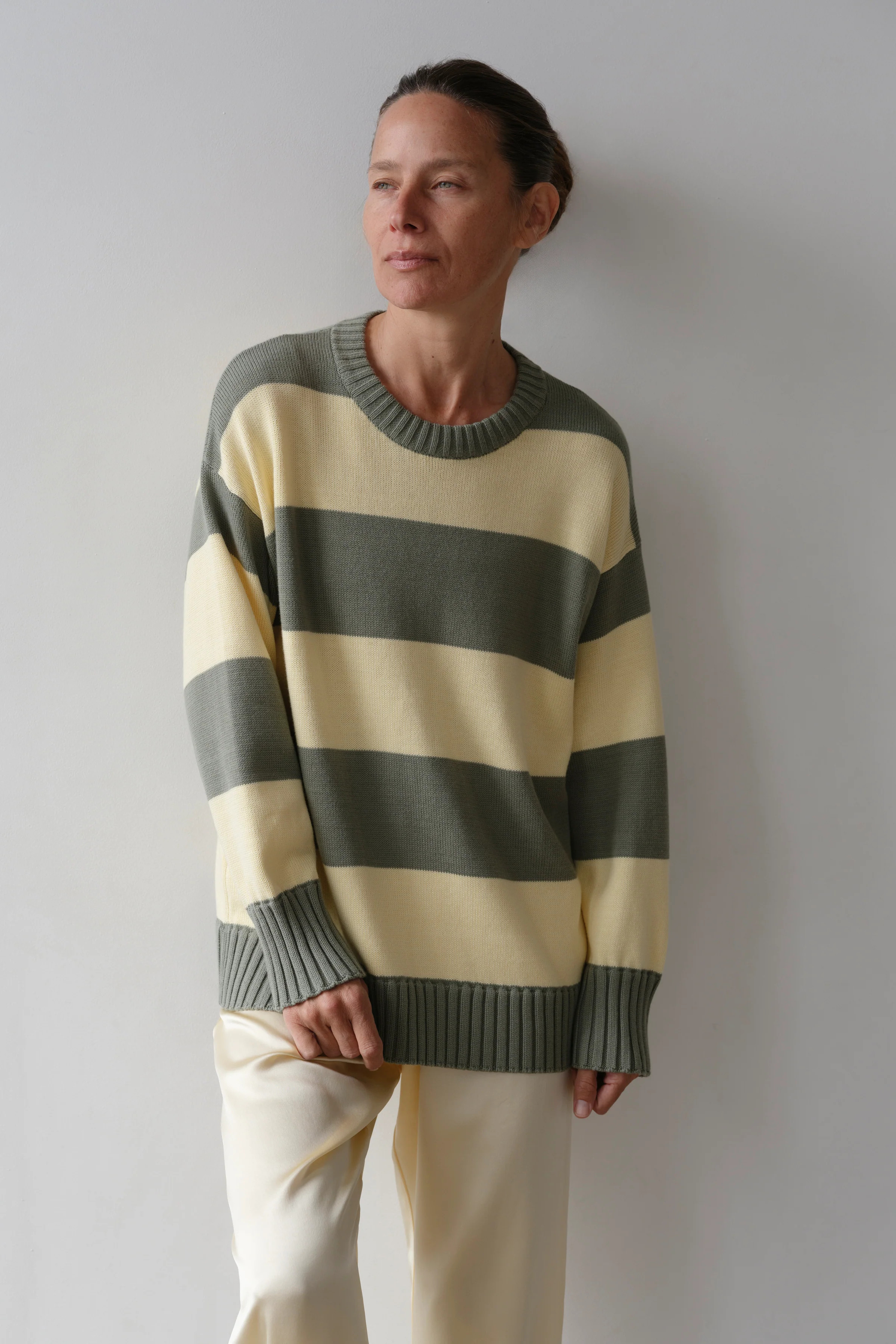 The Cotton Knit Stripe Crewneck Sweater | DONNI.