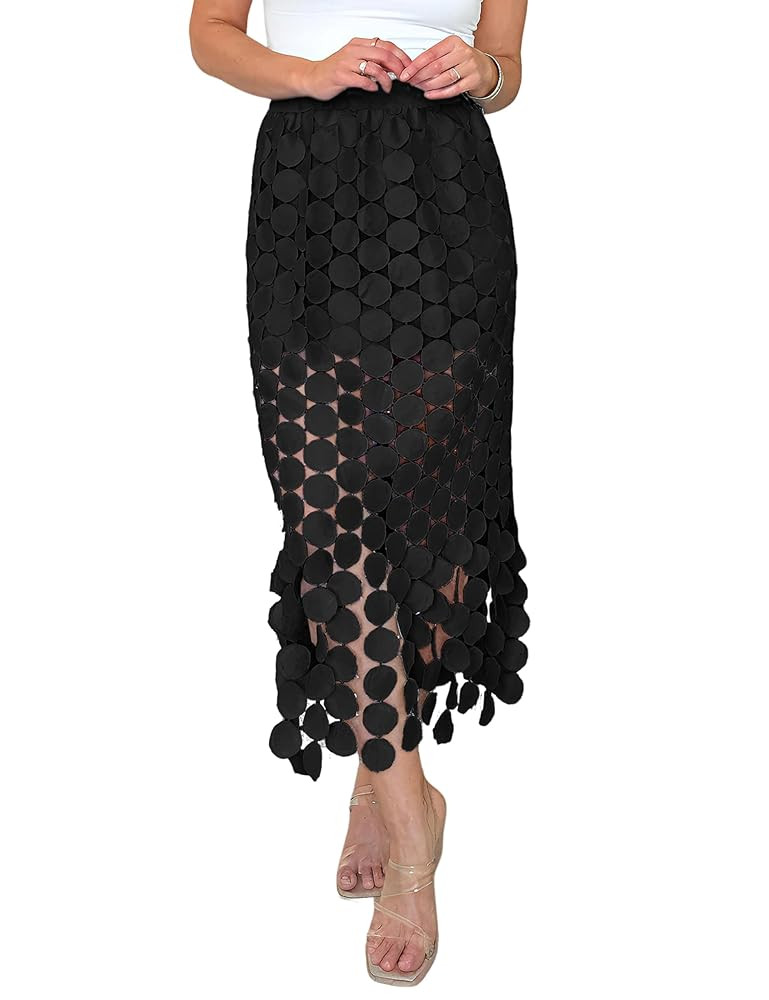 Ailoqing 2025 Women's Summer Hollow Out Boho Maxi Skirt Casual High Waisted Fringe Hem Long Skirt | Amazon (US)