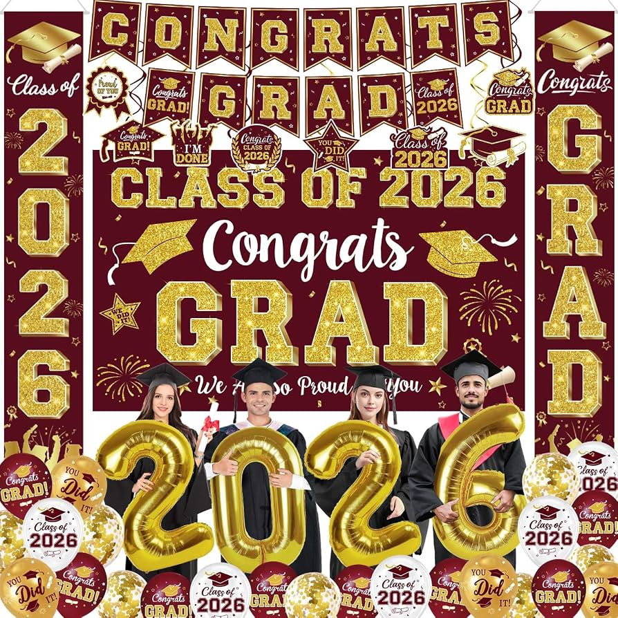 Graduation Decorations Class of 2026 - Maroon and Gold Graduation Party Supplies Include Backdrop... | Amazon (US)