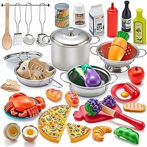 Pretend Play Kitchen Accessories, 52pc Kids Kitchen Playset with Play Food, Stainless Steel Cookw... | Amazon (US)