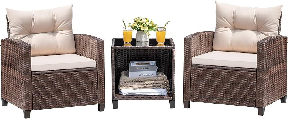 Devoko 3 Pieces Patio Furniture Set, PE Rattan Wicker Patio Set with Two Outdoor Chairs and Table... | Amazon (US)