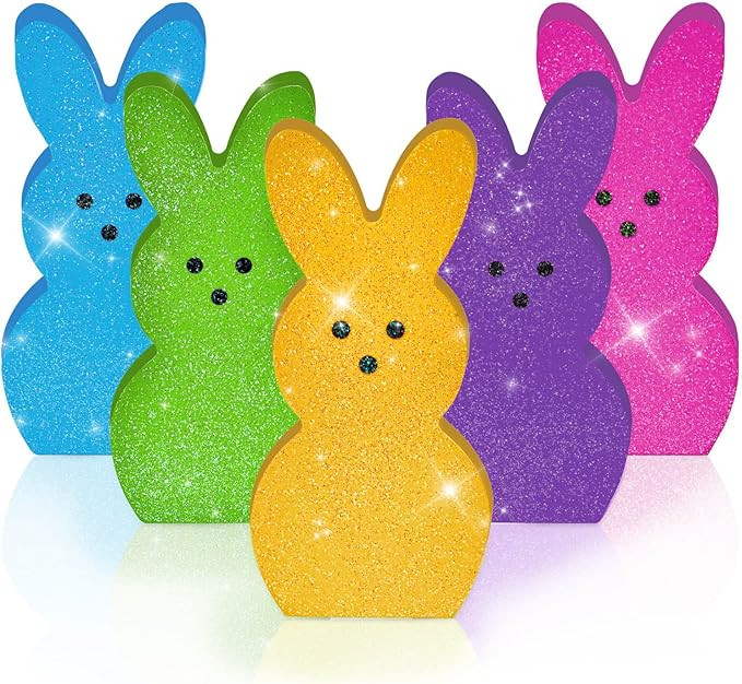5 Pieces Easter Bunny Wood Signs Glitter Shiny Bunny Shaped Wooden Decor Colorful Rabbit Tiered T... | Amazon (US)