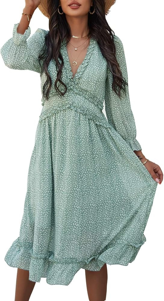 Simplee Women's V Neck Ruffles Floral Printed Long Sleeve Dress High Elastic Waist Flowing Midi D... | Amazon (US)