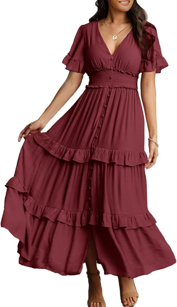 Amegoya Women's V Neck Long Sleeve Boho Maxi Dress Summer Wedding Guest Long Flowy Engagement Dre... | Amazon (US)