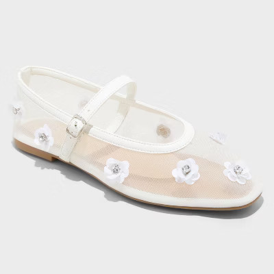 Women's Everly Mesh Floral Mary Jane Ballet Flats - A New Day™ White 7: Solid Almond Toe, Pull-On Instep Strap | Target