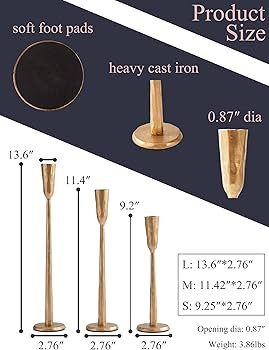 Gold Iron Taper Candle Holder Set of 3, Heavy Wrought Iron Candlestick Holders Decorative Candle ... | Amazon (US)