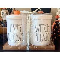 Rae Dunn Double Halloween Canister Set With Wood Tray/Happy Jar Witch Please Canisters | Etsy (US)