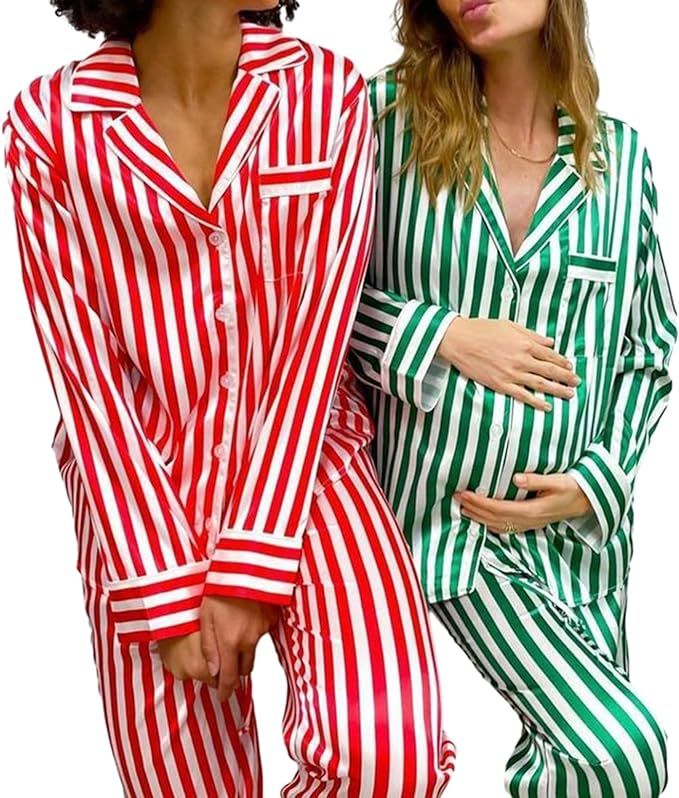 Creaion Women's Christmas Silk Pjs Satin Pajama Set 2 Piece Sleepwear Long Sleeve Button Down Shi... | Amazon (US)