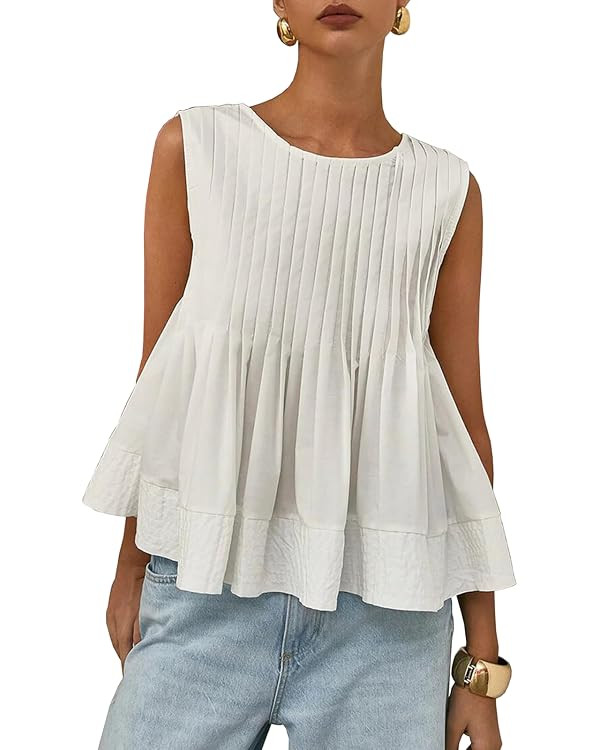 Womens Summer Pleated Peplum Sleeveless Blouse Tank Tops Crew Neck Babydoll Blouse Y2K Round Shir... | Amazon (US)