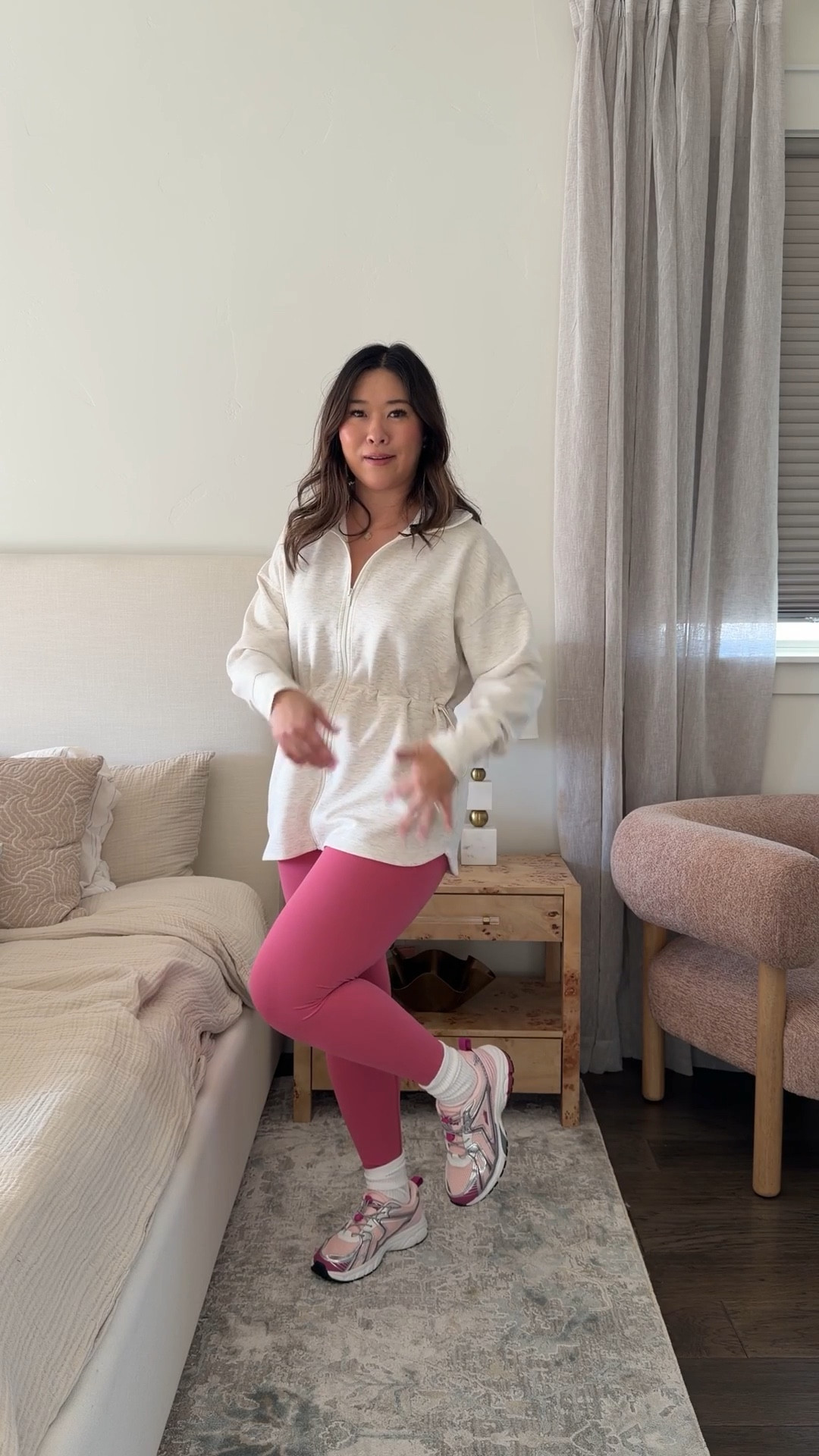 Target Airy Sleek Jacket: Medium
Pink Leggings: Medium
Walmart Sneakers: TTS
Look for less athleisure outfit