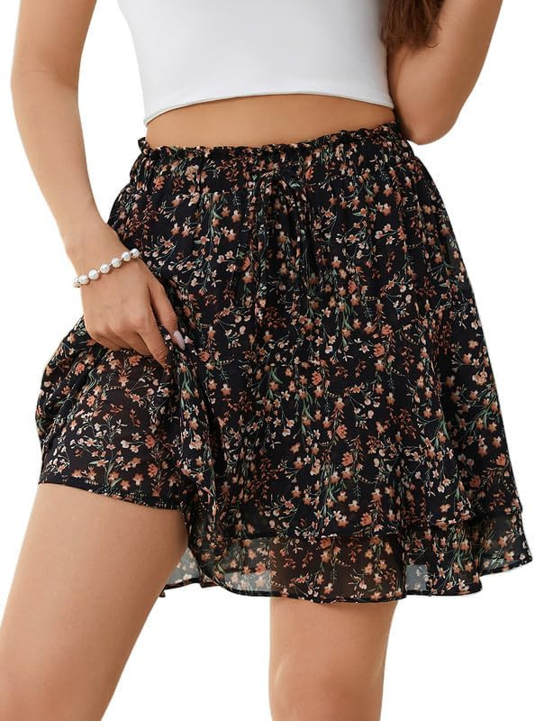 Summer Flowy Skirts Women Mini Skorts Casual Boho Floral Skirts Ruffle with Shorts Underneath Bea... | Amazon (US)