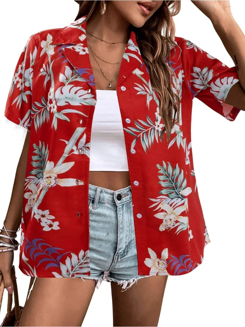 VILOVE Women Hawaii Shirts Soft Cool Tropic Floral Print Lapel V Neck Summer Cardigan Short Sleev... | Walmart (US)