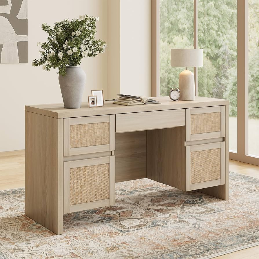 Yechen Executive Desk with 5 Drawers, 57" Modern Rattan Home Office Desk with Charging Station, F... | Amazon (US)