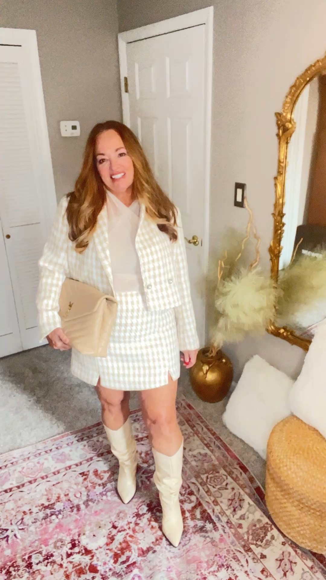 Designer coded 2 piece set. Tan/ ivory houndstooth suit set. Pearl buttons add a classy detail to the cropped blazer and matching skirt.

#LTKCyberWeek #LTKParties #LTKSaleAlert