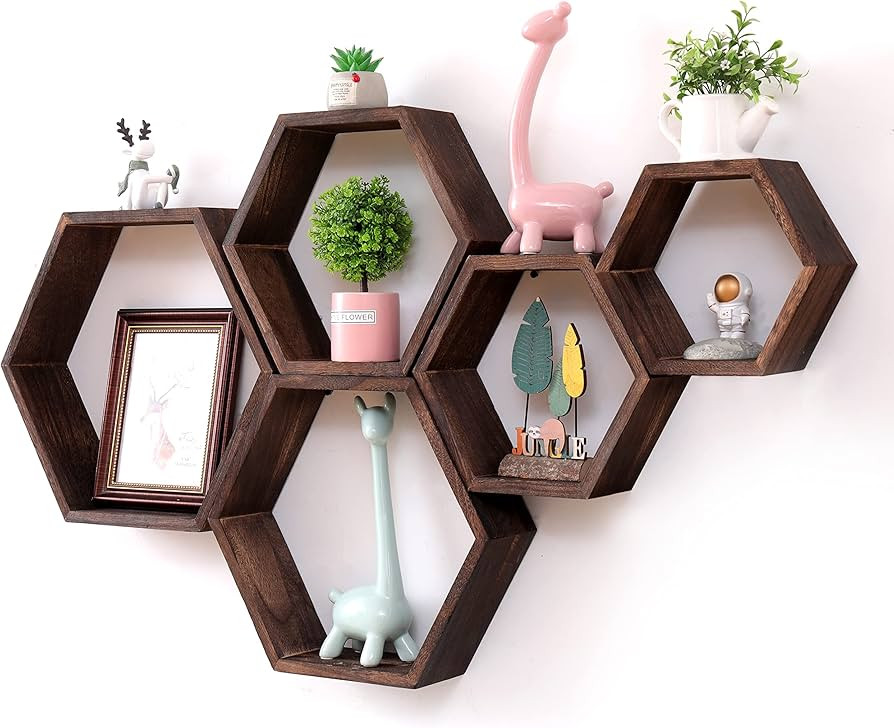 Hexagon Floating Shelves Set of 5, Honeycomb Shelves Wall Mounted Wood Farmhouse Storage Wall She... | Amazon (US)