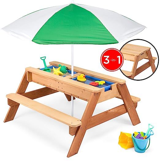 Best Choice Products Kids 3-in-1 Outdoor Wood Activity/Picnic Table w/ Umbrella and 2 Play Boxes | Amazon (US)