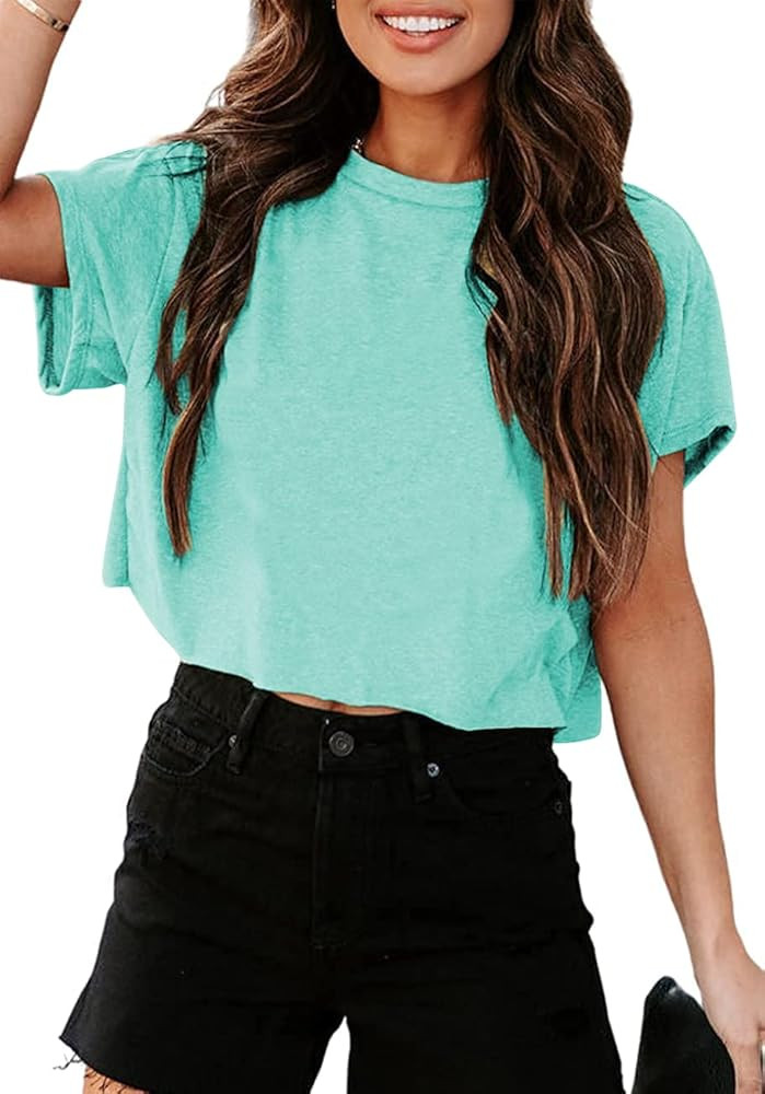 Tankaneo Women Short Sleeve Cropped T-Shirts Crew Neck Loose Crop Tops Summer Casual Drop Shoulde... | Amazon (US)