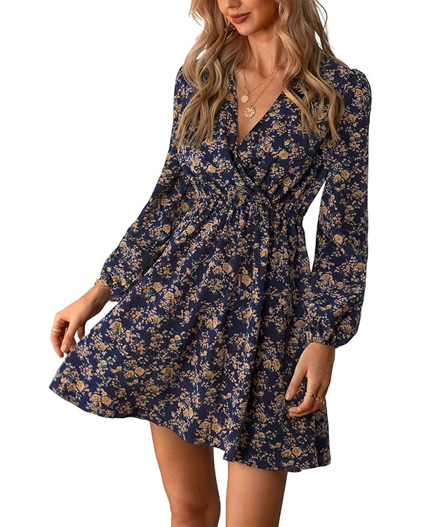 CUPSHE Womens V Neck Floral Mini Dress Long Sleeve A Line Surplice | Amazon (US)