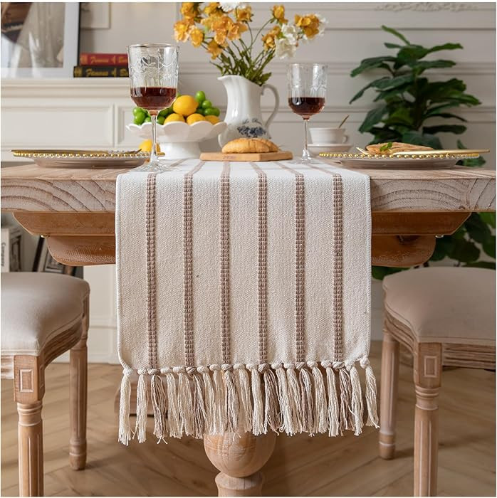 Caflife Boho Table Runner 72 Inchs Long Taupe and Beige, Cotton and Linen Woven with Tassels, for... | Amazon (US)