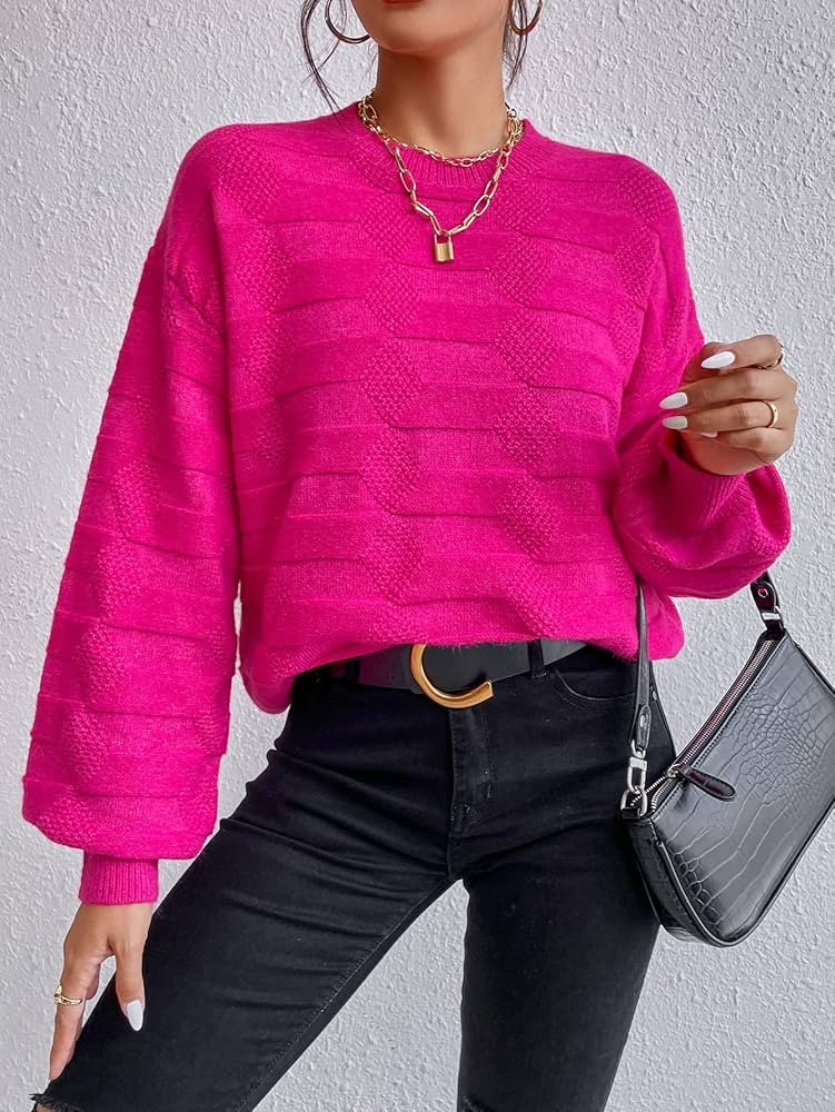 Women's Sweater Drop Shoulder Textured Knit Sweater Sweater for Women (Color : Hot Pink, Size : S... | Amazon (US)