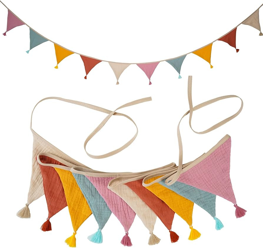 Fabric Bunting Banner, 2 Pack Handmade Neutral String Banner with Tassel Each 8.5 ft 10 Flags Nur... | Amazon (US)