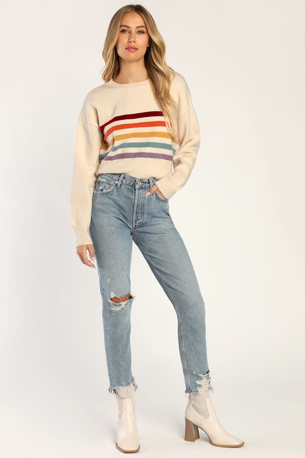 Down to Cuddle Ivory Multi Striped Pullover Sweater | Lulus (US)