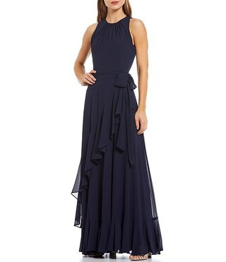 Colette Sleeveless Tie Waist Tiered Ruffle Hem Maxi Gown | Dillard's