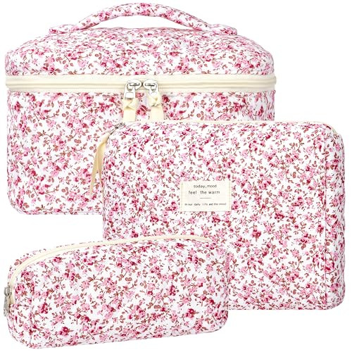 BuyCard Quilted Pink Floral Quilted Makeup Bag Set, 3 Piece Cotton Cosmetic Bags, Aesthetic Coquette Travel Organizer with Toiletry Pouch and Brush Holder for Women | Amazon (US)